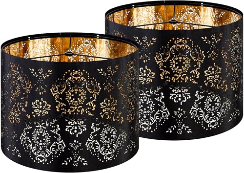 GO&SO Drum Black Lamp Shades 13 Inches - Industrial Laser Cut Floral Design Linen Fabric Lamp Shade, Barrel Replacement Lampshade For Table Lamps,For Floor Lamps, Easy Assembly, E26 Spider