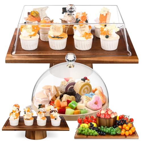Baderke 2 Set Wood Charcuterie Boards, 1 Acacia Wood Cake Stand with Lid Rectangular 2-in-1 Dessert Display Holder, 1 Divided Serving Dish Tray Snack Platter for Fruit Snack Candy Appetizer Nuts Party