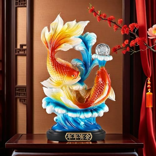 FUNSXBUG 13.3 Inch Large Chinese Feng Shui Fish Statue Sculpture Figurines Feng Shui Decor Home Office Desktop Decoration Good Lucky Gifts