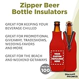 Custom Zipper Beer Bottle Insulators Set of 100, Personalized Bulk Pack - Keeps Your Drink Cooler, Great for Beer, Soda, Other Beverages - Red