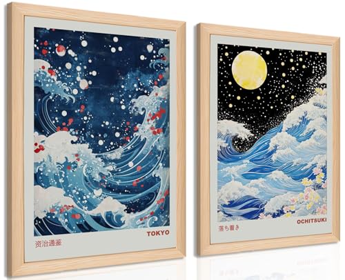 Framed Japanese Ocean Wave Wall Art Canvas Blue Waves Japandi Painting Japanese Bathroom Print Wabi Sabi Poster Modern Zen Picture Decor for Bedroom Living Room Office 12x16Inchx2pcs