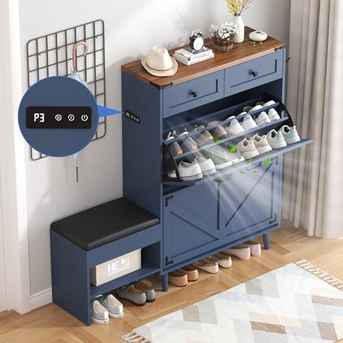 jmhdyg Shoe Cabinet with Bench, Deodorizing Shoe Storage Cabinet with 2 Flip Drawers and 2 Sliding Drawers, Free Standing Narrow Farmhouse Shoe Organizer Cabinet for Entryway, Hallway, Blue