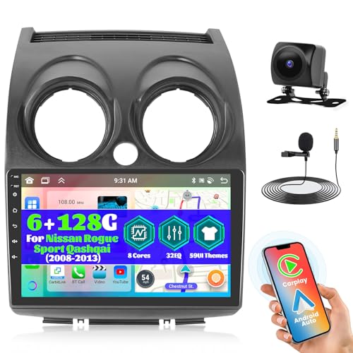 8 Core 5G WiFi Car Stereo for Nissan Rogue Sport Qashqai 2008-2013, 9" HD Touchscreen for Rogue Radio, Wireless CarPlay/Android Auto, 5G WiFi, Bluetooth 5.0, 32EQ, 1280 * 720 [6+128G]