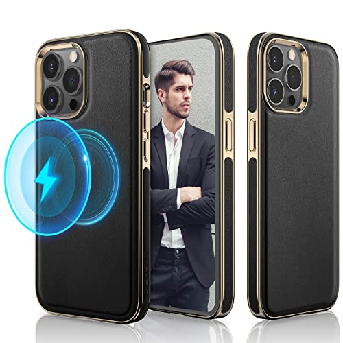 LOHASIC Compatible with iPhone 14 Pro Max Phone Case, Classic Leather with Anti-Scratch Microfiber Lining Inner Cover Shockproof Magnetic Cases for iPhone 14 Pro Max 6.7 inch - Black Gold