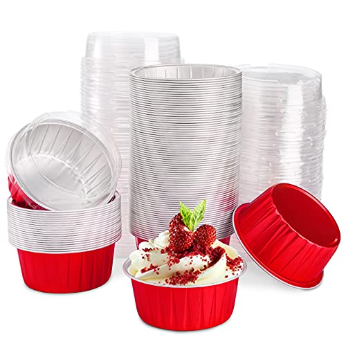 DEAYOU 100 Pack Cupcake Baking Cups, Tart Pie Tin Pan Holder for Pudding, Party, Wedding, Oven Freezer Safe, Red