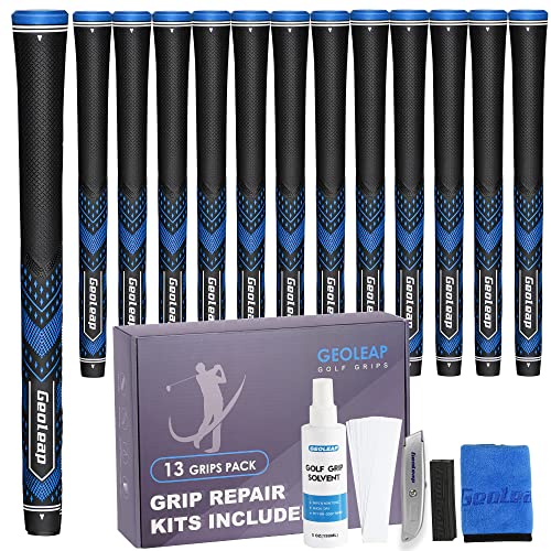 Geoleap Golf Grips Set of 13- Soft Golf Club Grips,Reduce Taper Design Provides High Traction and Performance,13 Grips with 15 Tapes and 13 Grips with All Repair Kits for Choice. (Standard, Black Blue-Pro Kit(13 Grips with All Repair Kits))