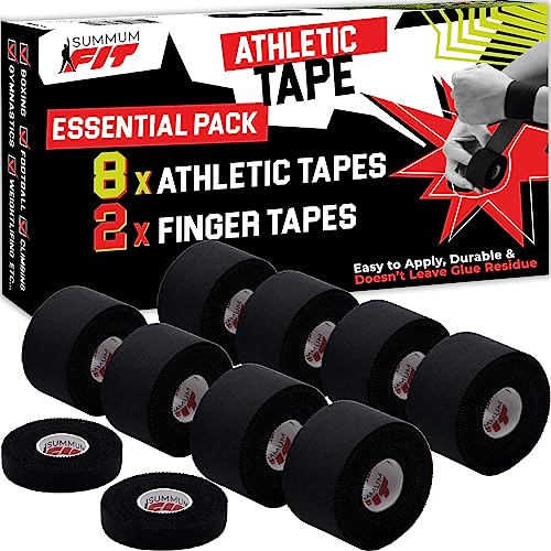 Summum Fit Black Athletic Tape Extremely Strong: 8 Rolls + 2 Finger Roll. Easy to Apply & No Residue. Sports Tape Athletic for Boxing Football Climbing or Gymnastics for Wrist Ankle & Hand Protection