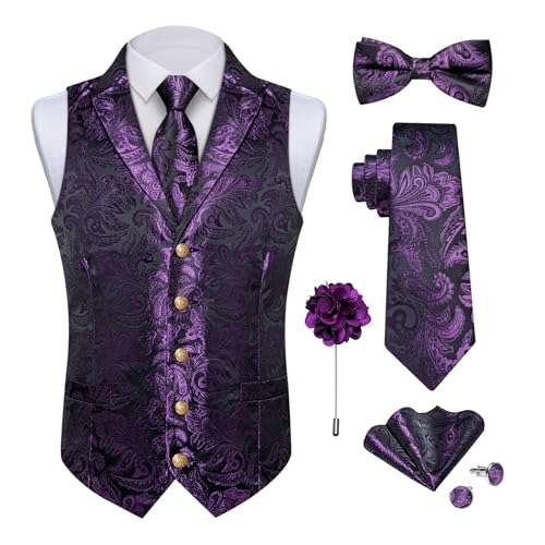 DiBanGu Silk Paisley Vest for Men Wedding Waistcoat and Necktie Bowtie Lapel Pin Set 7PCS Dress Vests for Suit or Tuxedo, Dark Purple, 3X-Large