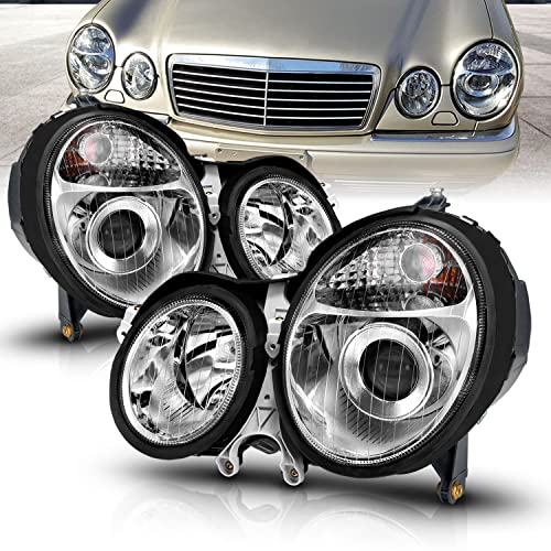 AmeriLite for 2000-2002 Mercedes-Benz E Class W210 Crystal Projector Chrome Replacement Headlights Pair - Passenger and Driver Side