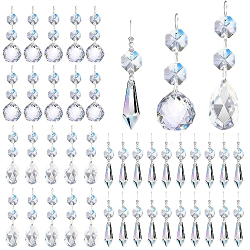 Milkary 44 Pack Chandelier Crystal Prism Replacement, 38mm Hanging Clear Crystal Glass Bead Prisms 20mm Chandelier Crystals Modern for Foyer Wedding Lamp Windows Christmas Tree Decoration