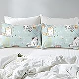 Cartoon Cat Bedding Set, Girls Super Soft Comforter Set Queen Size, Cute Cats Printed Quilt for Kids Teen, Lovely Blue Microfiber Comforter for All Season 3Pcs with Pillowcases