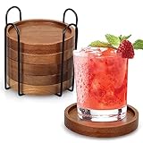 6 Pcs Best Wooden Coasters with Holder Coffee Table Decor Acacia Wood Coaster Set Modern Cup Coaster for Drink Home Dining Table Kitchen Accessories Cute Beer Bar Decorative Rustic Outdoor Coasters