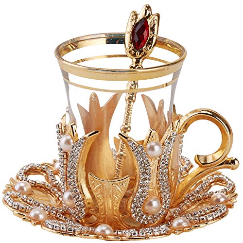 DEMMEX (Set of 6) Turkish Tea and Coffee Glasses Cups Set with Saucers Holders Spoons, Decorated with Swarovski Type Crystals and Pearl,24 Pcs, 3.3 Ounces Capacity (Gold)