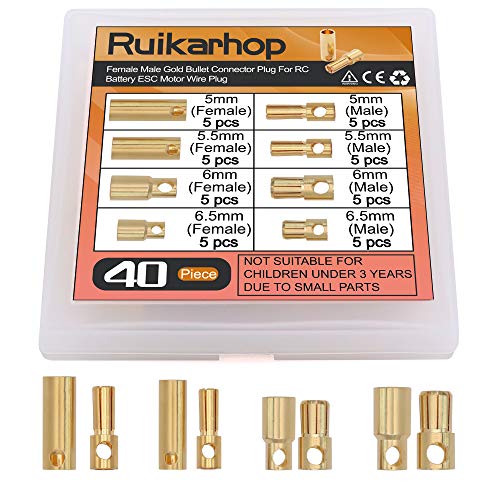 40 PCS 5mm 5.5mm 6mm 6.5mm Female Male Gold Banana Bullet Connector Plug for RC Battery ESC Motor Wire Plug