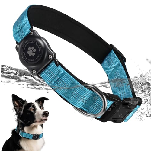 Upgraded AirTag Dog Collar, IP68 Waterproof Air Tag Dog Collar Holder, Reflective, Ultra-Durable, Comfortable Padded, Heavy Duty Dog Collars for Small Medium Large Dogs (L (14.8"-20.3"), Blue)