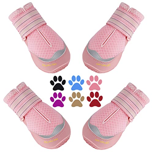 QUMY 4PCS Dog Boots for Large Dogs, Medium Dog Shoes & Paw Protectors for Hot Pavement, Summer Heat Protection, Mesh Breathable Nonslip Dog Booties for Hardfloors, Walking Running Hiking Pink Size 7