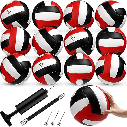 Wettarn 12 Pcs Official Size 5 Volleyballs Bulk Soft Recreational Volleyballs with Pump Regulation Size Volleyballs for Beginner Indoor Outdoor Beach Gym Pool Sand Sport (White, Red, Black)