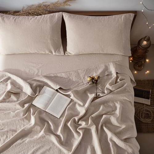 LBR02M 100% Linen Sheet Set Queen Size, Bed Sheets 4 Piece Sets, Solid Color Natural Flax Bed Sheets Soft Breathable Bedding,16" Deep Pocket,All Season (Queen, Linen)