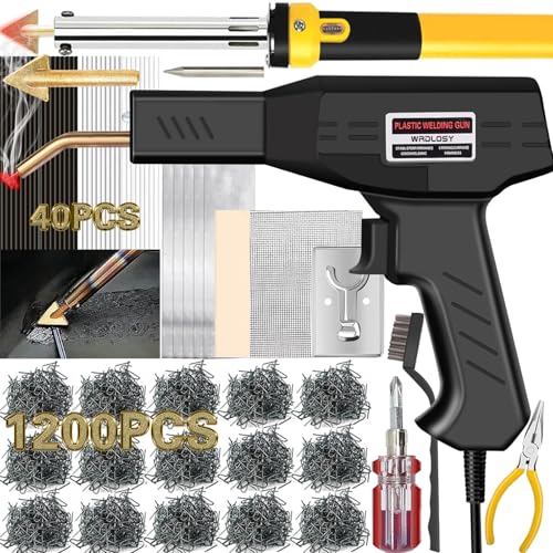 Wrdlosy 220W Plastic Welder, 1200PCS Staples 40PCS Rods Plastic Welding Kit, 5 in 1 Welding Tips Tape Sandpaper Wire Mesh Stand Metal Brush Screwdriver Plastic Welder Kit Bumper Repair Kit (Black)