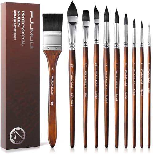 Watercolor Brushes Professional, Fuumuui 10Pcs Synthetic Squirrel Hair Paint Brush Set for Artists with Wide Flat, Round, Detail, Dagger, Cat's Tongue for Watercolor Gouache Inks Painting