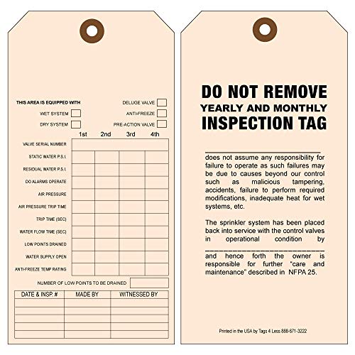 Tags 4 Less Custom Fire Sprinkler Inspection Tags – 3.75” x 7.5” Fire Sprinkler Maintenance Labels for Monthly and Annual Inspections, Customizable Printed Label for Easy Record-Keeping (Pack of 100)