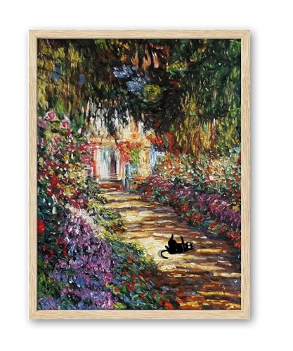 iHery Natural OAK Wood Unique Framed Wall Art, 12x16in Claude Monet Garden Cat Funny Black Cat Artwork Set of 1, Impressionism Vintage Canvas Wall Painting Decor for Bedroom Living Room Gift