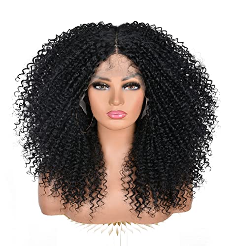 ANNISOUL Black Curly Lace front Wigs for Black Women,Lace front Wig Synthetic Hair Pre Plucked Deep Curly Wave 13x4x1 HD Short Glueless Curly Afro Wig 17Inch