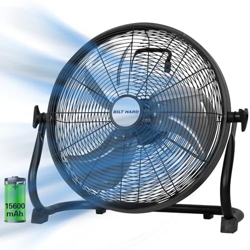 BILT HARD 16 Inch Rechargeable Battery Operated Outdoor Floor Fan, 15600mAh Battery Powered High Velocity Portable Fan with Metal Blade, USB Output for Travel, Camping, Backyard