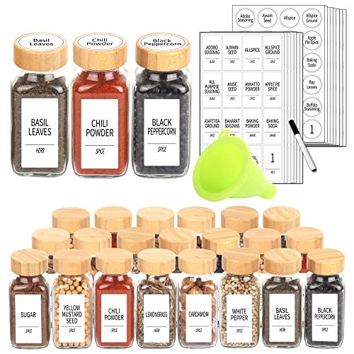 SWOMMOLY 24 Glass Spice Jars with 366 Labels, 6 oz Spice Jars with Bamboo Lids, Empty Bottles with Shaker Lids, Spice Containers with White Spice Labels,Chalk Marker, Funnel.