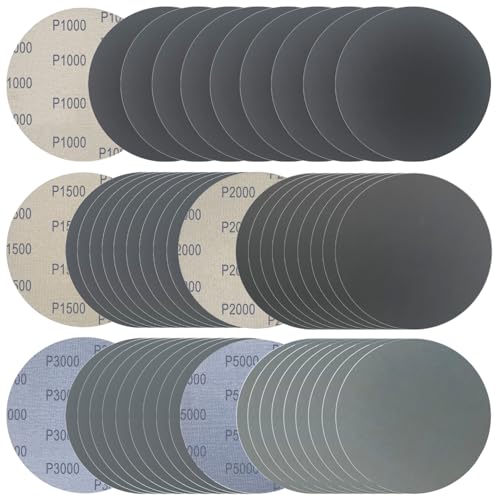 6 Inch 50 Pcs Wet Dry Sanding Discs Hook and Loop, 1000 1500 2000 3000 5000 Assorted Grit Waterproof Sandpaper Silicon Carbide for Random Orbital Sander, Automotive Wood Metal Polishing & Sanding