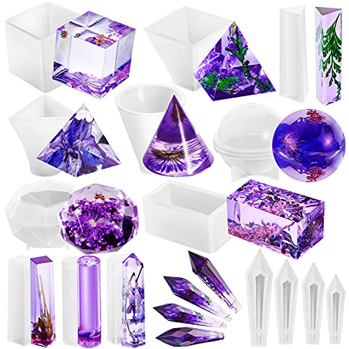 15 Pieces Crystal Resin Molds Pendulum Silicone Crystal Molds Include Pyramid, Round Cone, Sphere, Triangular Cone, Multi-Facet Gemstone Cube Resin Holder for Jewelry Making