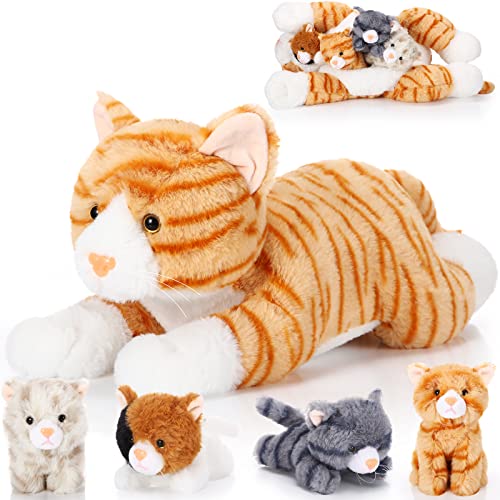 Skylety 5 Pieces Cat Stuffed Animal with Babies Inside Belly Pregnant Cat Plush Mommy Kitty with 4 Cute Fluffy Stuffed Kittens Christmas Birthday Surprise Gifts(Orange)