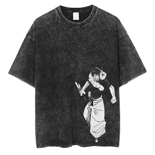 Vintage Washed Cotton Anime Graphic T-Shirt, Short Sleeve, Black, S-3XL (Black-03,X-Large)