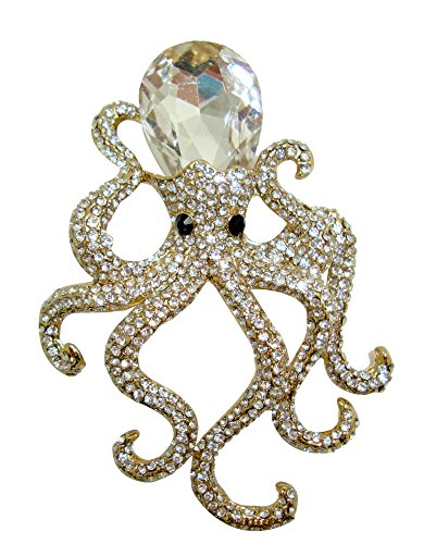 TTjewelry 3.14" Octopus Animal Brooch Pin Pendant Clear Austria Crystal (White Gold-tone)