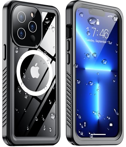 Temdan Magnetic for iPhone 13 Pro Max Case Waterproof,Built-in Screen Protector[IP68 Underwater][Upgrade Military Dropproof][Compatible with MagSafe] Full Body Shockproof Translucent Case 6.7''-Black