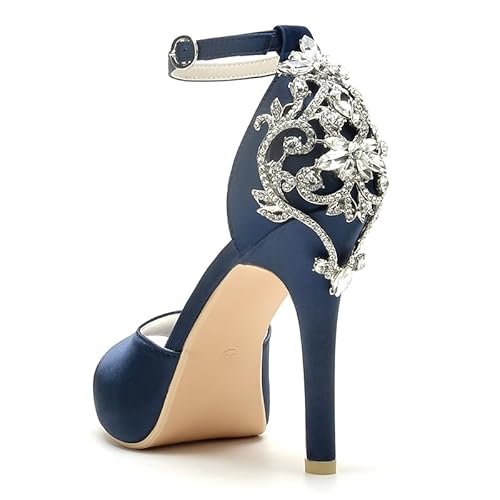 Creativesugar Lady Satin Dress Platform High Heels Wedding Sandals Crystal Back with Free Earrings (Navy blue,9.5)