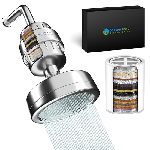 ShowerEnvy 5.0 Filtered Shower Head – 15-Stage Water Softener with Vitamin C & E for Healthy Skin & Hair – High Pressure, Hard Water Purifier – Cartridge Included