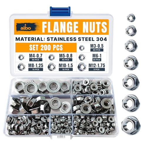 200 PCS Metric Hex Flange Lock Nuts Assortment Set – Stainless Steel 304 Metric Nuts in Reusable Box – Hardware for Automotive & DIY – M3, M4, M5, M6, M8, M10, M12