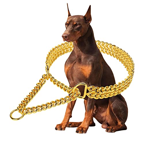 Gold Dog Chain Collar Stainless Steel 18K Gold Dog Collar Adjustable Walking, Metal Cuban Link Dog Collar Chew Proof Double Row Chain Dog Collar for Large Small Medium Dogs (M 16" -20", 18K Gold)