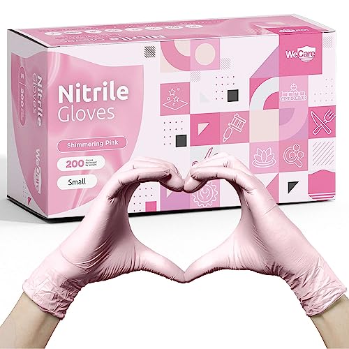 WECARE Pink Disposable Nitrile Gloves Small - 200 Pack - 3 Mil - Powder and Latex Free - Non-Sterile - Food Safe Gloves