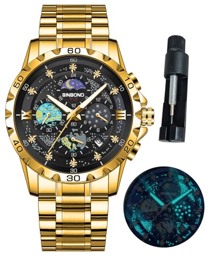 BINBOND Mens Watches Starry Sky Moon Phase Dial Luxury Diamond Business Dress Fashion Classic Casual Date Wrist Watches for Men Waterproof Luminous