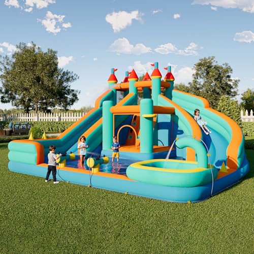 Albott Bounce House, Inflatable Bouncer with Air Blower, Jumping Castle with Slide, Outdoor Indoor Bouncy Castle with Oxford Fabric for Kids 3-10 (179.1×169.3×108.3IN)