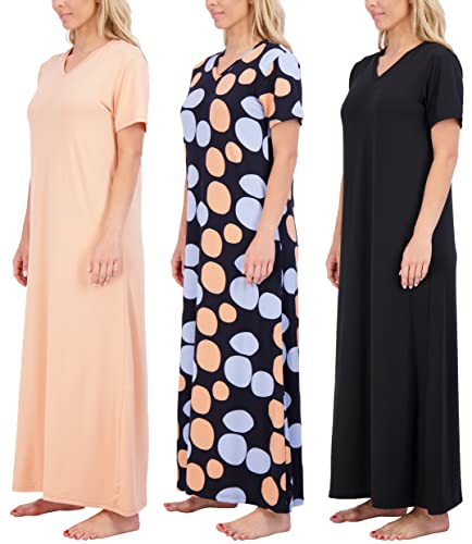 3 Pack: Womens Short Sleeve Maxi Crew V-Neck Nightgown Long Soft Nightshirt Women Night Gowns Nightdress Sleep Lounge House Dress Sleepwear Pajama Tops PJs Sexy Sleeping Ladies PJ Floor - Set 3, XXL