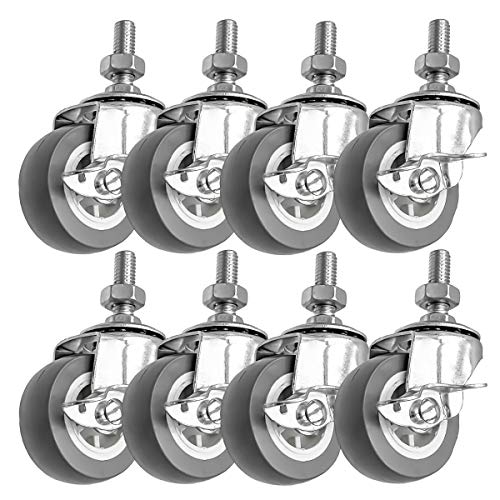 FactorDuty 2 Inch Grey Caster Wheel 3/8"-1.2" Threaded Stem Mount Caster Wheel With Locking Brake Polyurethane Wheels Premium Non Marking No Noise 65LB Per Wheel (Pack of 8)