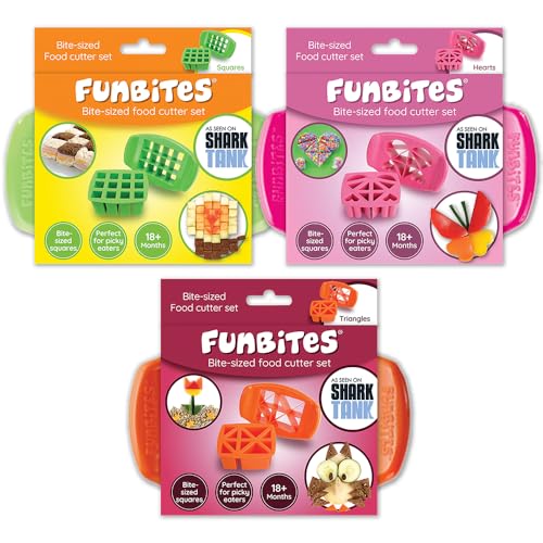 FunBites Set of 3 Food Cutters, Sandwich Cutters for Kids, Cuts Food into Bite-Size Shapes, Green Squares, Pink Hearts, Orange Triangles