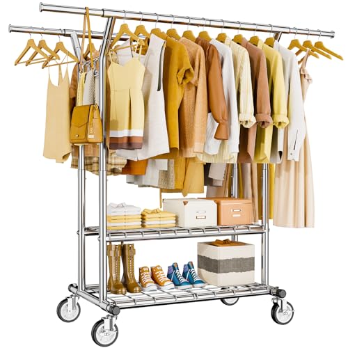 HYSEYY Heavy Duty Clothes Rack, Rolling Clothing Rack With Shelves Load 620 LBS, Double Rod Clothing Racks for Hanging Clothes, Portable& Adjustable Clothes Rack with Wheels Garment Rack