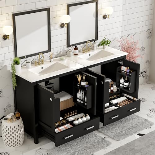 60" Black Bathroom Vanity with Double Sink, 60 Inch Bathroom Vanity Set with Double Vanities (Separate), 2 Bathroom Vanities with Sink, Storage Shelf, and Divided Drawers (Mirror not Included)