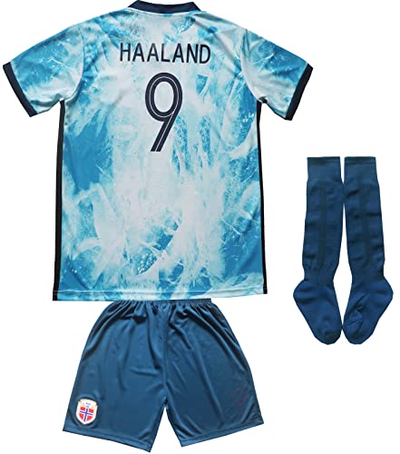 HOMEMI Youth Sportswear Norway 9 Haaland Kids Away Soccer Jersey/Shorts Football Socks Set (Blue,26)