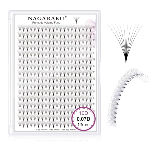 NAGARAKU Premade Fans Eyelash Extensions 320 Fans 10D Volume 0.07mm D curl 13mm Sharp Narrow Stem Clusters Thin Pointy Base Russian Pre Fanned Fluffy Matte Black