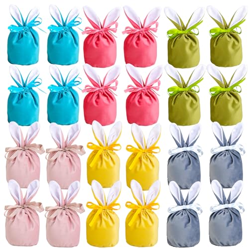 24 Pack Easter Bunny Bags Velvet Bag with Drawstring Rabbit Ear Design Bunny Candy Gift Bag Cookies Chocolate Egg Goody Stuffer Bunny Party Favor Gifts Classroom Rewards Birthday Wedding Baby Shower